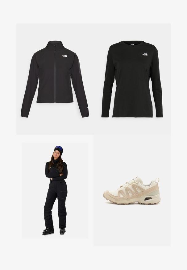 Sort zip-jacket med høj krave, struktureret stof og logo på venstre bryst. Har lange ærmer og en tætsiddende design.; Sort langærmet t-shirt lavet af bomuld med rund hals. Har et lille hvidt logo på venstre brystområde. Enkel design og pasform.; Sorte skijakker med justerbare stropper, flere lommer og et slankt, vandafvisende design. Har en tætsiddende pasform og holdbart stof.; Beige og creme atletiksko med struktureret mesh-overdel, støttende overlays og gummiyderside med et mønster for trækkraft.