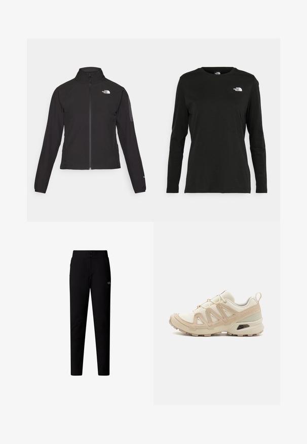 Svart zip-up jacka med hög krage, texturerat tyg och logotyp på vänster bröst. Har långa ärmar och en figursydd design.; Svart långärmad t-shirt i bomull med rund hals. Har en liten vit logotyp på vänster bröstområde. Enkelt design och passform.; The North Face W QUEST SOFTSHELL PANTS - Tygbyxor - tnf black; Beige och krämfärgad atletisk sko med texturerad meshovandel, stöttande överdrag och gummisulor med ett mönster för grepp.