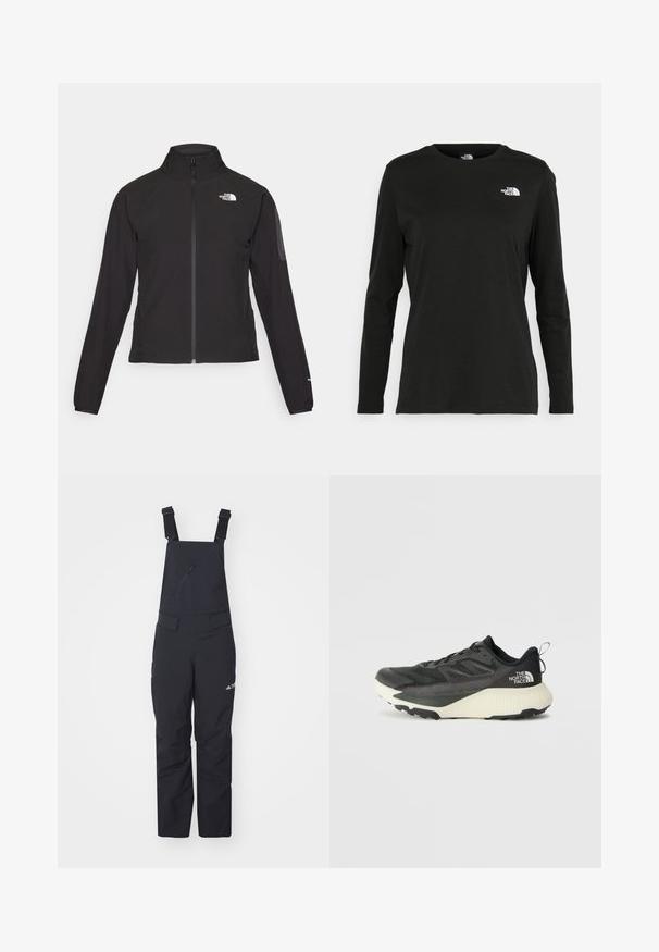 Crna jakna na zip s visokim ovratnikom, teksturirana tkanina i logotip na lijevoj strani prsiju. Ima duge rukave i uski kroj.; Crni dugih rukava majica od pamuka s okruglim izrezom. Ima mali bijeli logo na lijevoj strani prsnog područja. Jednostavan dizajn i kroj.; adidas Terrex XPERIOR TWO-LAYER INSULATED BIB - Skijaške hlače - black white; Crna atletska cipela s teksturiranim gornjim dijelom, sivim detaljima i bijelim međuslojem. Ima držač i istaknutu marku na peti.