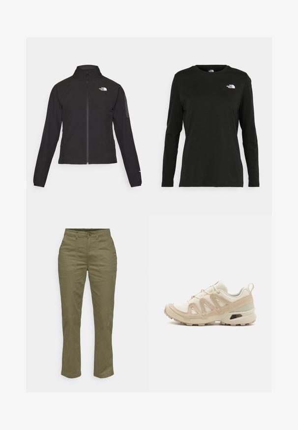Melna ar rāvējslēdzēju aizdara jaka ar augstu apkakli, teksturētu audumu un logotipu kreisajā krūtī. Satur garas piedurknes un pieguļošu dizainu.; Melnas garām piedurknēm T-krekls, izgatavots no kokvilnas ar apaļu kaklu. Tam ir mazs balts logo kreisajā krūtīs. Vienkāršs dizains un piegulums.; Olīvzaļas kokvilnas bikses ar taisnu kāju dizainu, aprīkotas ar priekšējo pogu aizdari, divām sānu kabatām un pastiprinātiem šuvēm.; Beige un krēma sporta apavi ar strukturētu tīkla virsmu, atbalstošajiem slāņiem un gumijas zoli ar protektoru rakstu, kas nodrošina saķeri.