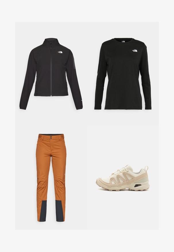 Crna jakna na zip s visokim ovratnikom, teksturirana tkanina i logotip na lijevoj strani prsiju. Ima duge rukave i uski kroj.; Crni dugih rukava majica od pamuka s okruglim izrezom. Ima mali bijeli logo na lijevoj strani prsnog područja. Jednostavan dizajn i kroj.; Narančaste hlače za vanjsku upotrebu ravnog kroja, s tamnoplavim akcentom na donjem dijelu nogavica, dva prednja džepa sa zatvaračem i kopčanjem na gumb.; Bež i kremasti sportski tenisice s teksturiranim mrežastim gornjim dijelom, potpornih preklopa i gumeni potplat s uzorcima za prianjanje.