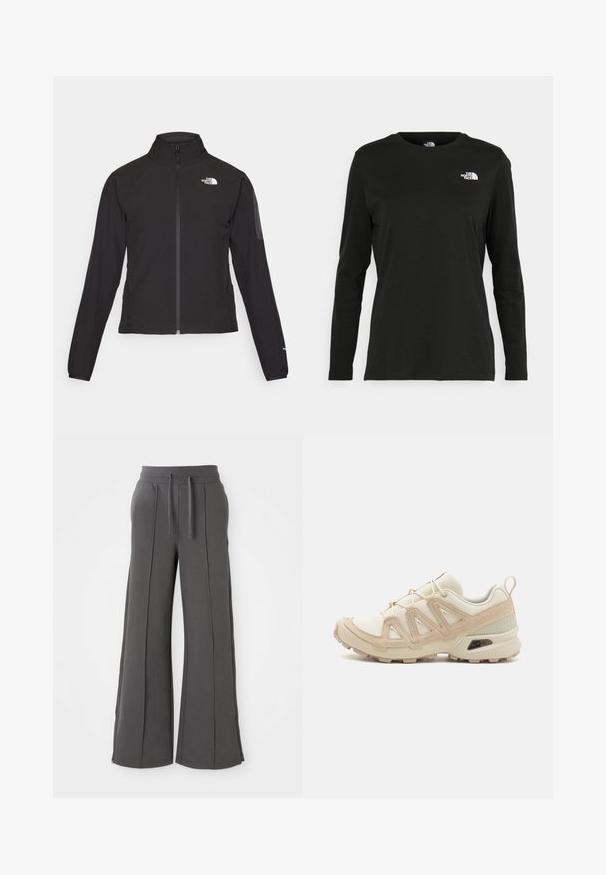 Juodas zip-up švarkas su aukšta apykakle, tekstūruotu audiniu ir logotipu kairėje krūtinės pusėje. Pasižymi ilgu rankovėmis ir prigludusia forma.; Juodas ilgomis rankovėmis medvilninis marškinėliai su apvali apykakle. Savybė - mažas baltas logotipas kairėje krūtinės pusėje. Paprastas dizainas ir pritaikymas.; Tamsiai pilki platūs sportiniai džinsai su priekiniais siūlėmis, elastinga juosmeniu, raišteliais, šoniniais kišenėmis ir užtrauktukais ant žemyn esančių kraštų, ant baltos fono.; Bežinės ir kreminės spalvos sportinės bateliai su tekstūruoto tinklelio viršutine dalimi, palaikančiomis detalėmis ir guminiais padais, turinčiais raštą, užtikrinantį sukibimą.