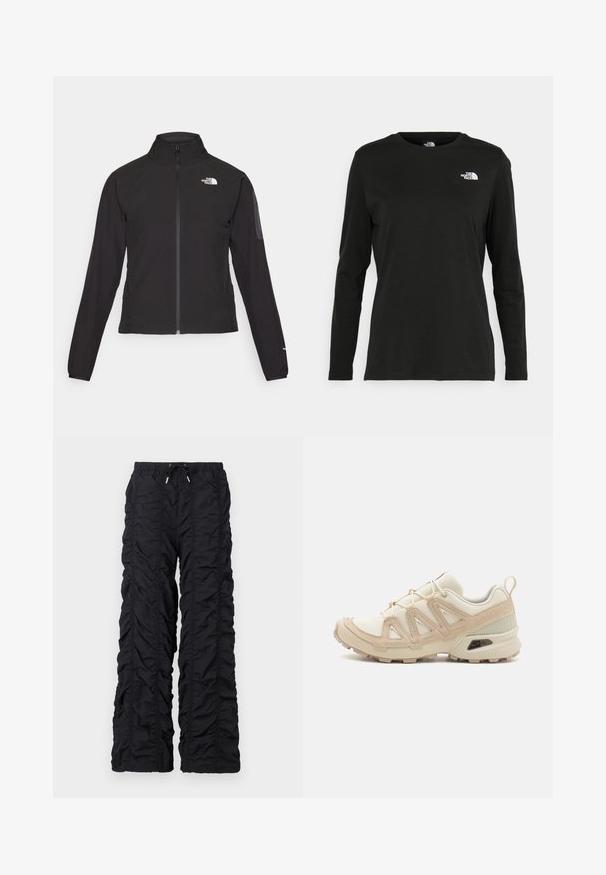 Juodas zip-up švarkas su aukšta apykakle, tekstūruotu audiniu ir logotipu kairėje krūtinės pusėje. Pasižymi ilgu rankovėmis ir prigludusia forma.; Juodas ilgomis rankovėmis medvilninis marškinėliai su apvali apykakle. Savybė - mažas baltas logotipas kairėje krūtinės pusėje. Paprastas dizainas ir pritaikymas.; Juodos, lengvos, siuvinėtos kelnės su raukšlėta tekstūra, elastinga juosta ir raišteliu, tiesios kojos ir be kišenių.; Bežinės ir kreminės spalvos sportinės bateliai su tekstūruoto tinklelio viršutine dalimi, palaikančiomis detalėmis ir guminiais padais, turinčiais raštą, užtikrinantį sukibimą.