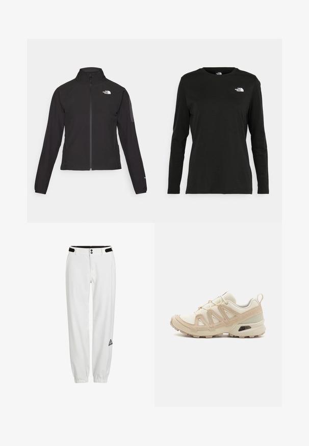 Black zip-up jacket with a high collar, textured fabric, and logo on the left chest. Features long sleeves and a fitted design.; Black long-sleeve t-shirt made of cotton with a round neck. Features a small white logo on the left chest area. Simple design and fit.; White pants with an elastic waistband, featuring two buttons and black Velcro accents. Includes a small, triangular logo patch on the side.; Beige and cream athletic shoe with textured mesh upper, supportive overlays, and rubber outsole featuring a tread pattern for traction.