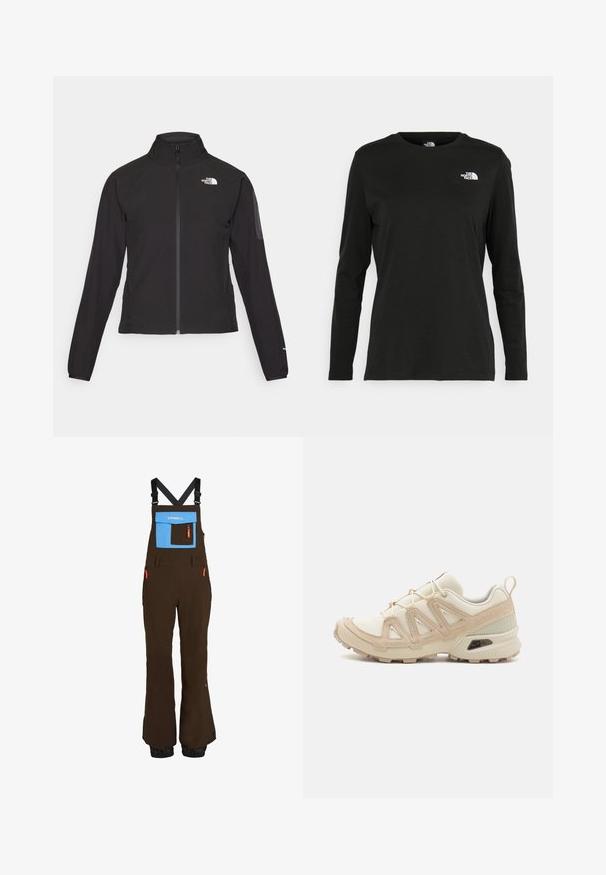 Chaqueta negra con cremallera y cuello alto, de tela texturizada, y logo en el lado izquierdo del pecho. Con mangas largas y un diseño ajustado.; Camiseta de manga larga negra de algodón con cuello redondo. Presenta un pequeño logotipo blanco en la parte izquierda del pecho. Diseño y ajuste simples.; Pantalones de esqui marrones con tirantes ajustables negros, bolsillo en el pecho azul, cremalleras naranjas y puños elásticos en los tobillos para un ajuste ceñido.; Zapatilla deportiva beige y crema con parte superior de malla texturizada, superposiciones de soporte y suela de goma con un patrón de tracción.