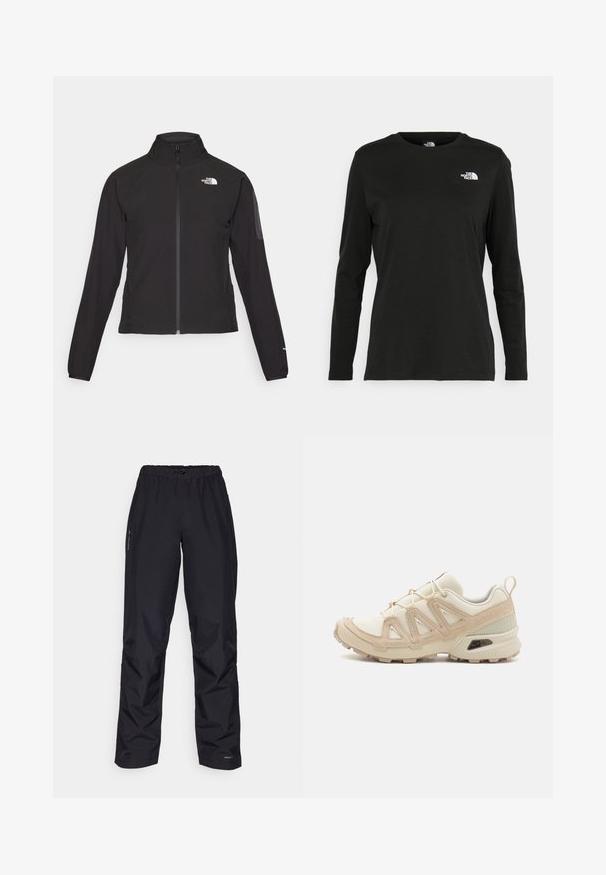 Juodas zip-up švarkas su aukšta apykakle, tekstūruotu audiniu ir logotipu kairėje krūtinės pusėje. Pasižymi ilgu rankovėmis ir prigludusia forma.; Juodas ilgomis rankovėmis medvilninis marškinėliai su apvali apykakle. Savybė - mažas baltas logotipas kairėje krūtinės pusėje. Paprastas dizainas ir pritaikymas.; Juodos vandeniui atsparios kelnės, pagamintos iš lygaus sintetinio audinio. Turi elastinę juosmenį ir šonines kišenes, o šonuose matoma švelni prekinė ženklų.; Bežinės ir kreminės spalvos sportinės bateliai su tekstūruoto tinklelio viršutine dalimi, palaikančiomis detalėmis ir guminiais padais, turinčiais raštą, užtikrinantį sukibimą.