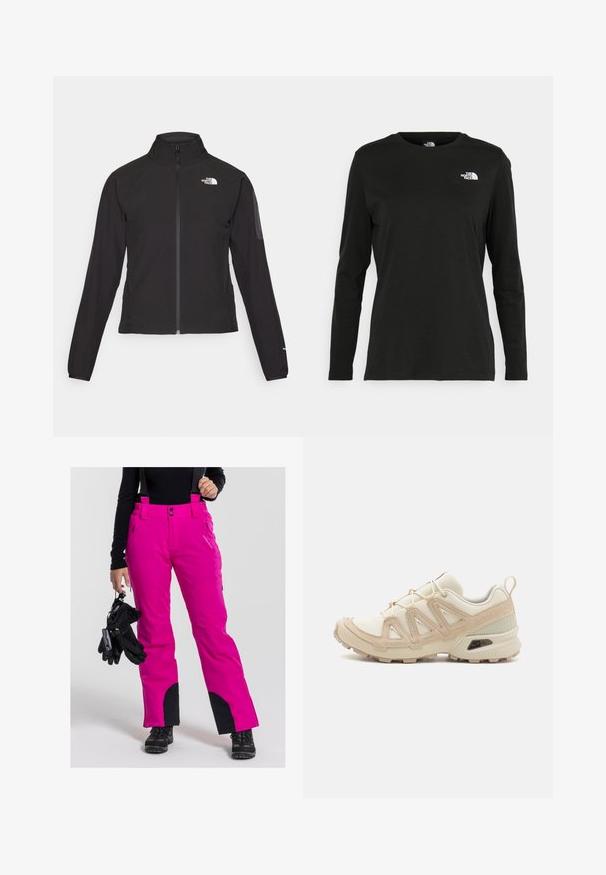 Black zip-up jacket with a high collar, textured fabric, and logo on the left chest. Features long sleeves and a fitted design.; Black long-sleeve t-shirt made of cotton with a round neck. Features a small white logo on the left chest area. Simple design and fit.; Pink waterproof snow pants with adjustable suspenders, two buttons, side pockets, and black ankle accents, paired with black gloves.; Beige and cream athletic shoe with textured mesh upper, supportive overlays, and rubber outsole featuring a tread pattern for traction.