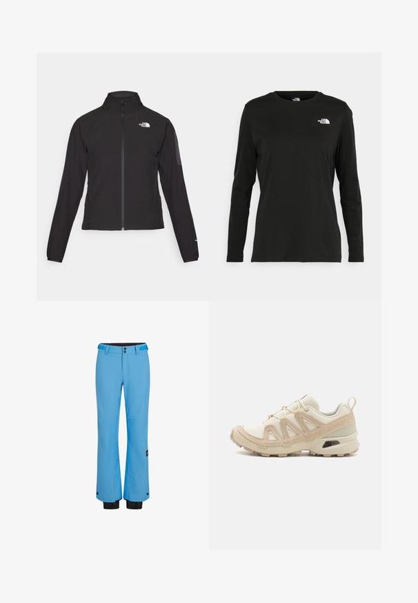 Black zip-up jacket with a high collar, textured fabric, and logo on the left chest. Features long sleeves and a fitted design.; Black long-sleeve t-shirt made of cotton with a round neck. Features a small white logo on the left chest area. Simple design and fit.; Blue ski pants made of waterproof material, featuring a straight leg design, two front pockets, and black elastic cuffs at the ankles.; Beige and cream athletic shoe with textured mesh upper, supportive overlays, and rubber outsole featuring a tread pattern for traction.