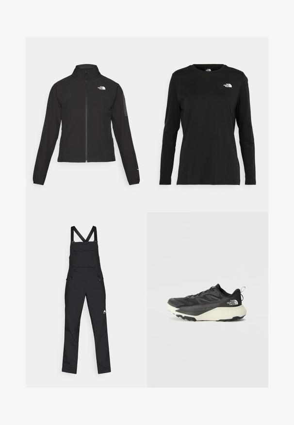 Črna zip-up jakna z visokim ovratnikom, teksturirano blago in logotipom na levem prsnem delu. Ima dolge rokave in prilega se.; Črna majica z dolgimi rokavi iz bombaža z okroglo izrezom. Ima majhen bel logotip na levem prsnem delu. Enostaven dizajn in prileganje.; Črne ustrezne hlače iz trpežnega materiala, z nastavljivimi naramnicami, sprednjim žepom in stranskimi zadrgami za enostavno oblačenje. Minimalističen dizajn z logotipom.; Črne atletske čevlje z teksturiranim zgornjim delom, ki imajo sivo obrobo in belo srednjo podplat. Vključujejo zanko za vprego in izstopajočo blagovno znamko na peti.