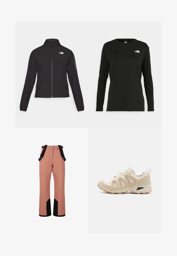 Černá zipová bunda s vysokým límcem, texturovaná tkanina a logo na levé hrudi. Má dlouhé rukávy a přiléhavý design.; Černé tričko s dlouhým rukávem vyrobené z bavlny s kulatým výstřihem. Na levé části hrudi se nachází malé bílé logo. Jednoduchý design a střih.; Růžové lyžařské kalhoty s černými akcenty, nastavitelné šle a hladká textura. Mají přední kapsy a elegantní, zúžený design.; Béžová a krémová sportovní obuv s texturovaným síťovaným svrškem, podpůrnými překryvy a gumovou podrážkou s dezénem pro lepší přilnavost.