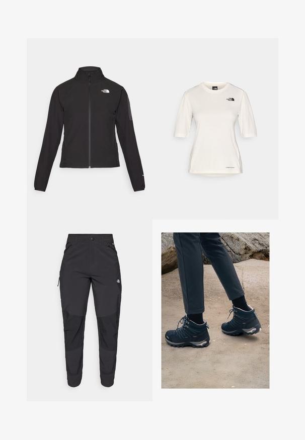 Svart zip-up jakke med høy krage, teksturert stoff, og logo på venstre bryst. Har lange ermer og en tettsittende design.; The North Face SHADOW SHORT SLEEVE - T-skjorte til trening - white dune; Svart utendørsbukser laget av slitesterkt stoff. Har glidelåslommer, forsterkede knær og en rett skjæring for bevegelighet.; Mørkeblå turstøvler med teksturert mesh, snøring og gummisåler, kombinert med mørke bukser, satt mot en sandete, steinete bakgrunn.