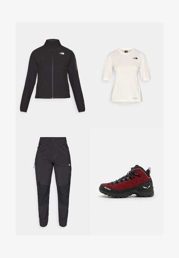 Casaco preto com fecho zip e gola alta, em tecido texturizado, com logo no lado esquerdo do peito. Apresenta mangas longas e um design ajustado.; The North Face SHADOW SHORT SLEEVE - T-shirt desportiva - white dune; Calças pretas para exterior feitas de um tecido resistente. Apresentam bolsos com fecho, painéis de joelhos reforçados e um design de corte reto para maior mobilidade.; Botas de caminhada em vermelho e preto, com materiais de camurça e borracha, atacadores texturizados, biqueira reforçada e detalhe do logótipo na lateral e na sola.