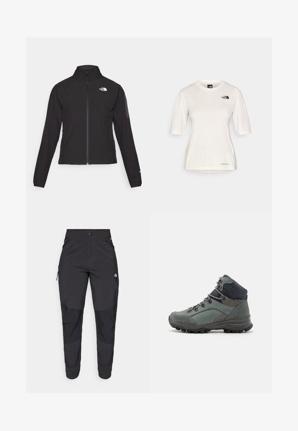 Mustmustabiga must jakk, millel on kõrge krae, tekstureeritud kangas ja logo vasakul rinnal. Omab pikki varrukaid ja sobivat disaini.; The North Face SHADOW SHORT SLEEVE  - Spordi T-särk - white dune; Must black välitingimustes püksid, mis on valmistatud vastupidavast kangast. Omavad lukugaTaskuid, tugevdatud põlvepaneele ja sirget lõiget liikuvuse tagamiseks.; Roheline matkajalatsite mudel hallide aktsentidega ja mustast kummist välispohjaga. Omaduste hulka kuuluvad polsterdatud krae, ümmargused paelad ja tekstuuriga ülemine osa.