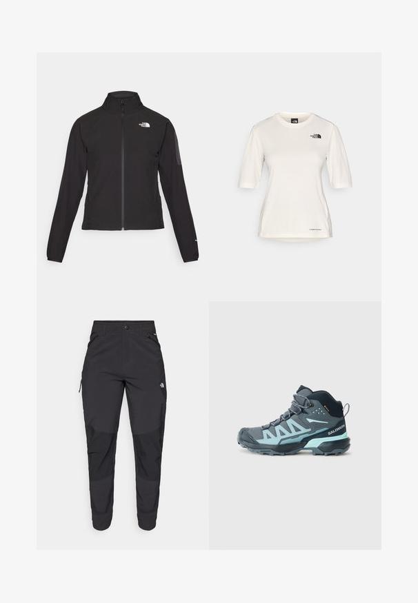 Casaco preto com fecho zip e gola alta, em tecido texturizado, com logo no lado esquerdo do peito. Apresenta mangas longas e um design ajustado.; The North Face SHADOW SHORT SLEEVE - T-shirt desportiva - white dune; Calças pretas para exterior feitas de um tecido resistente. Apresentam bolsos com fecho, painéis de joelhos reforçados e um design de corte reto para maior mobilidade.; Shoe de caminhada de cano médio em cinza escuro com detalhes em azul claro. Apresenta um cabedal texturizado, biqueira reforçada e uma sola robusta para aderência.
