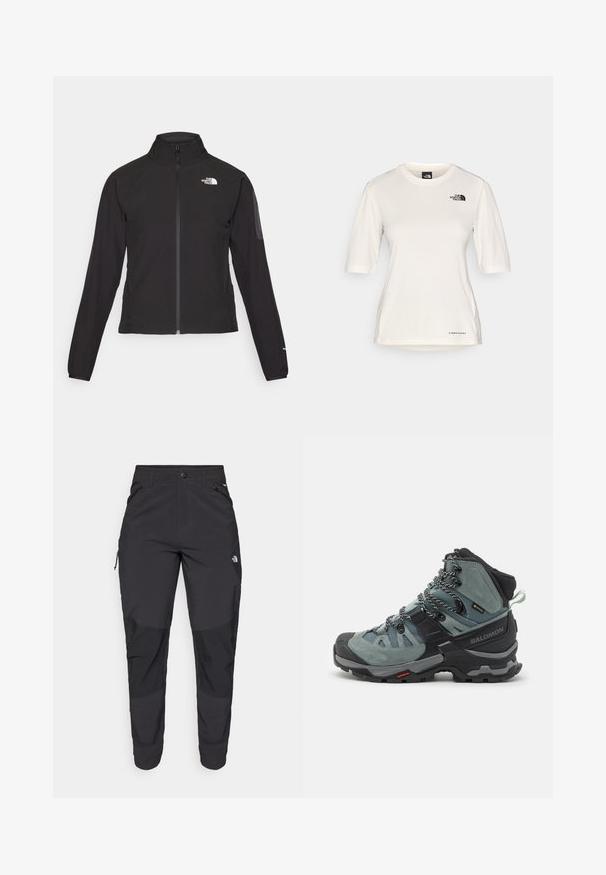 Melna ar rāvējslēdzēju aizdara jaka ar augstu apkakli, teksturētu audumu un logotipu kreisajā krūtī. Satur garas piedurknes un pieguļošu dizainu.; The North Face SHADOW SHORT SLEEVE - Sporta krekli - white dune; Melnas āra bikses, kas izgatavotas no izturīgas auduma. Tām ir kabatas ar rāvējslēdzējiem, pastiprināti ceļu paneļi un taisna griezuma dizains, kas nodrošina kustību brīvību.; Augstas botas pārgājieniem pelēki-zilā krāsā ar samta un sietveida virsu, apgādātas ar melniem akcentiem, mezglotiem šņorēm un izturīgu zoli labākai saķerei.