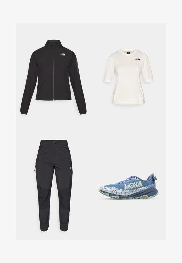 Veste noire zippée avec un col haut, tissu texturé et logo sur la poitrine gauche. Elle possède des manches longues et une coupe ajustée.; The North Face SHADOW SHORT SLEEVE - T-shirt de sport - white dune; Pantalons noirs d'extérieur en tissu durable. Dotés de poches zippées, de panneaux de genoux renforcés et d'une coupe droite pour une meilleure mobilité.; Chaussure de course légère dans des nuances de bleu, dotée d'une tige en mesh texturé, d'un logo HOKA audacieux et d'une semelle extérieure Vibram robuste pour une bonne adhérence.