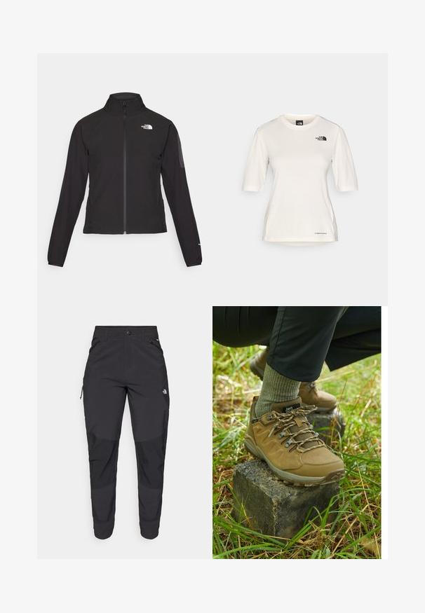 Fekete, cipzáros dzseki magas gallérral, texturált anyagból, bal mellen logóval. Hosszú ujjak és testhezálló fazon jellemzi.; The North Face SHADOW SHORT SLEEVE - Sportfelső - white dune; Fekete kültéri nadrág tartós anyagból. Cipzáros zsebekkel, megerősített térdpanellel és egyenes szabással a mozgékonyságért.; Beige túrázó cipők texturált velúrból és hálós anyagból készült felsőrésszel, megerősített orral és mintás fűzővel, egy kövön pihenve a füves területen.