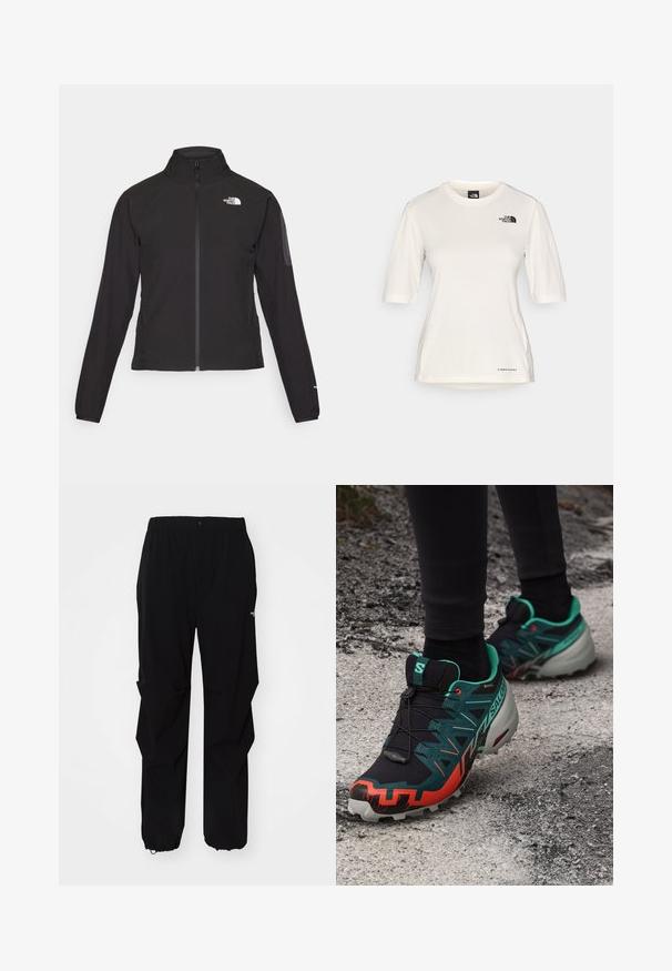 Črna zip-up jakna z visokim ovratnikom, teksturirano blago in logotipom na levem prsnem delu. Ima dolge rokave in prilega se.; The North Face SHADOW SHORT SLEEVE - Športne majice - white dune; Črne zunanje hlače iz trpežnega materiala, s sproščenim krojem, elastičnim pasom in odprtinami na koncu, ki omogočajo prilagodljivo dolžino.; Salomon SPEEDCROSS 6 GTX - Trail tekaški čevlji - black/electric green/cherry tomato