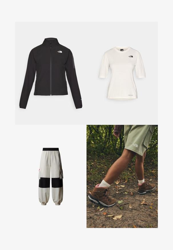 Melna ar rāvējslēdzēju aizdara jaka ar augstu apkakli, teksturētu audumu un logotipu kreisajā krūtī. Satur garas piedurknes un pieguļošu dizainu.; The North Face SHADOW SHORT SLEEVE - Sporta krekli - white dune; The North Face HIMALAYAN - Armijas stila bikses - white dune tnf black; Jack Wolfskin REFUGIO PRIME TEXAPORE MID W - Pārgājienu apavi - fawn