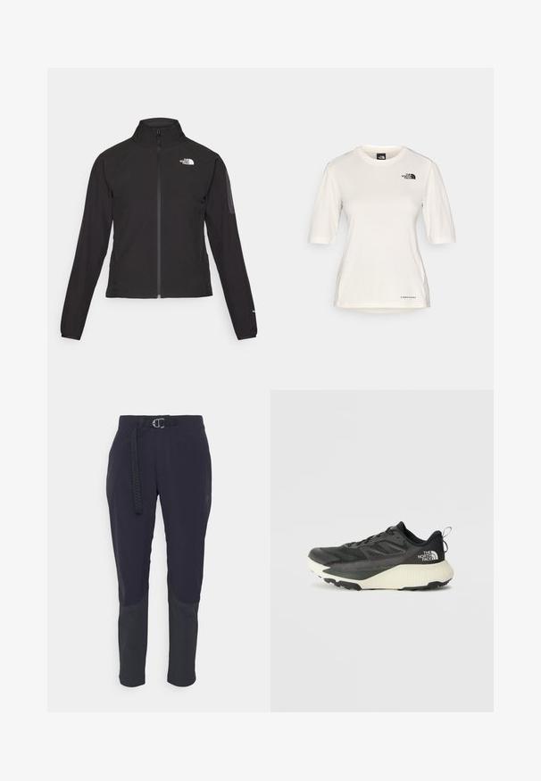 Juodas zip-up švarkas su aukšta apykakle, tekstūruotu audiniu ir logotipu kairėje krūtinės pusėje. Pasižymi ilgu rankovėmis ir prigludusia forma.; The North Face SHADOW SHORT SLEEVE - Sportiniai marškinėliai trumpomis rankovėmis - white dune; Tamsiai mėlynos spalvos lauko kelnės, pagamintos iš lengvos medžiagos, su diržu, kišenėmis ir kontrastingais tamsiai pilkais keliais, kurie suteikia papildomo patvarumo.; Juodas sportinis batas su tekstūruota viršutine dalimi, su pilkomis detalėmis ir baltu viduriu. Apima pakėlimo juostelę ir ryškų prekės ženklo logotipą ant kulno.