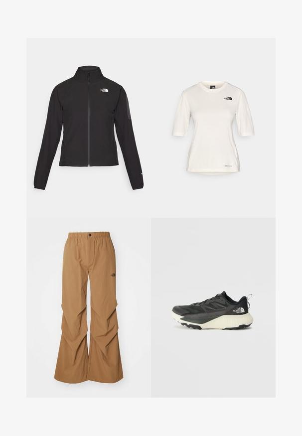 Casaco preto com fecho zip e gola alta, em tecido texturizado, com logo no lado esquerdo do peito. Apresenta mangas longas e um design ajustado.; The North Face SHADOW SHORT SLEEVE - T-shirt desportiva - white dune; Calças largas castanhas com um cós elástico e fecho de botão. Apresenta um design de tecido em camadas e um pequeno logótipo na lateral.; Shoe atlético preto com um cabedal texturizado, apresentando detalhes em cinza e uma entressola branca. Inclui uma alça e um logótipo da marca em destaque no calcanhar.