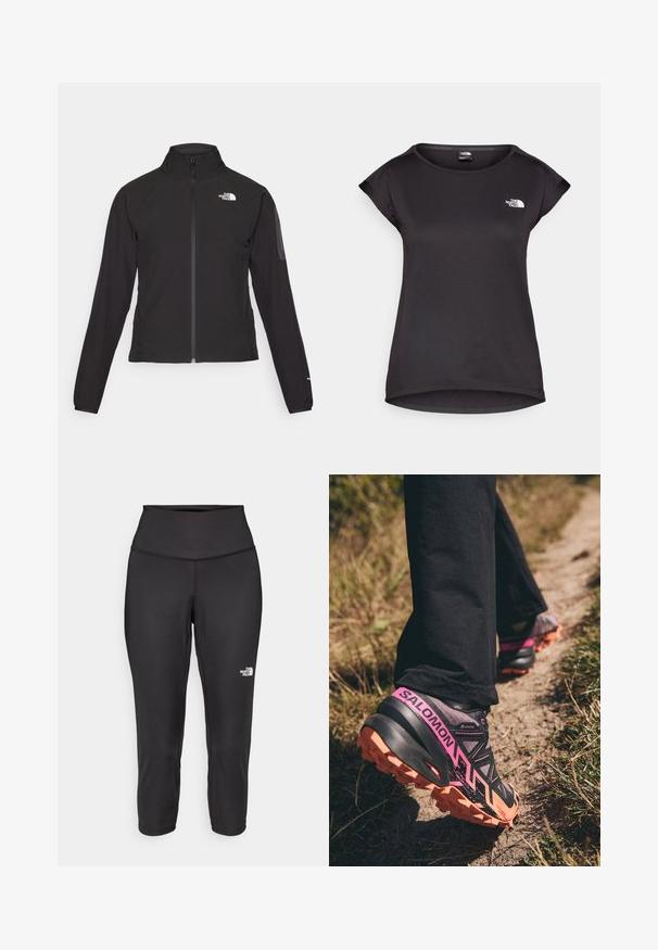Fekete, cipzáros dzseki magas gallérral, texturált anyagból, bal mellen logóval. Hosszú ujjak és testhezálló fazon jellemzi.; The North Face TANKEN TANK - Sportfelső - black; Fekete capri leggings, rugalmas anyagból készült, magas derékkal és egy kis fehér logóval a bal oldalon. Sima tapintású.; Salomon SPEEDCROSS 6 GTX - Terepfutó cipők - moonscape/black/bird of paradise