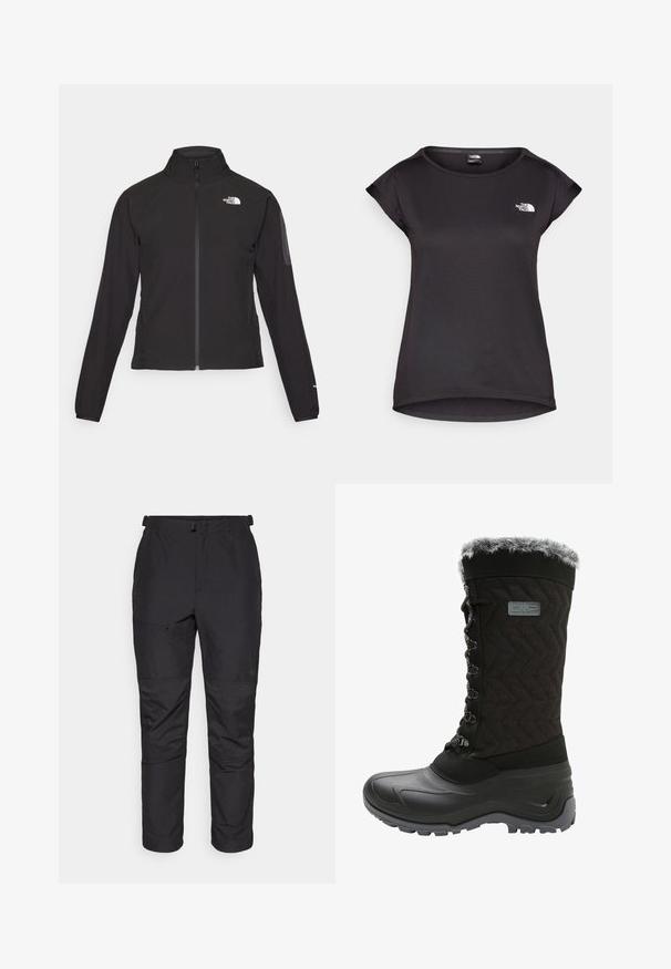 Giacca nera con zip e colletto alto, tessuto testurizzato e logo sul lato sinistro del petto. Presenta maniche lunghe e un design aderente.; The North Face TANKEN TANK  - T-Shirt sport - black; Pantaloni outdoor neri realizzati in materiale leggero, con una texture liscia, vita elastica, tasca con zip e dettagli in pannello sulle gambe inferiori.; Stivale invernale nero con tomaia in tessuto texturizzato, bordo in pelliccia sintetica, chiusura con lacci e suola in gomma per una buona aderenza. Presenta un motivo a zigzag.