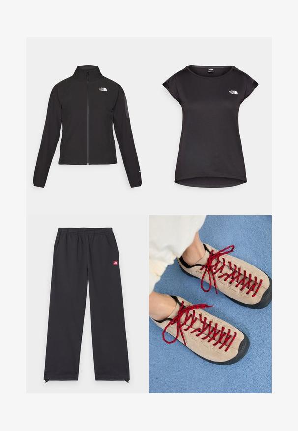 Jachetă neagră cu fermoar și guler înalt, din material texturat, cu logo pe partea stângă a pieptului. Prezintă mâneci lungi și un design ajustat.; The North Face TANKEN TANK - Bluză sport - black; Pantaloni de trening negri, confecționați dintr-un material moale, cu o croială lejeră, talie elastică, buzunare laterale și un mic etichetă roșie pe față.; Pantofi beige cu sireturi roșii, așezați pe o suprafață texturată albastră, dezvăluind parțial glezna unei persoane. Pantofii au un design sportiv.