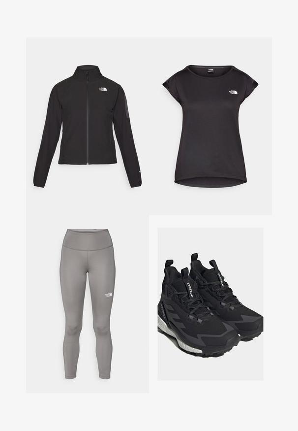 Melna ar rāvējslēdzēju aizdara jaka ar augstu apkakli, teksturētu audumu un logotipu kreisajā krūtī. Satur garas piedurknes un pieguļošu dizainu.; The North Face TANKEN TANK - Sporta krekli - black; Pelēkas legingu bikses, kas izgatavotas no elastīga materiāla, ar augstu vidukļa joslu un Ziemeļu Sejas logo baltā krāsā kreisajā kājā.; adidas Terrex TERREX FREE HIKER 2 GTX W - Pārgājienu apavi - core black/grey six/ftwr white