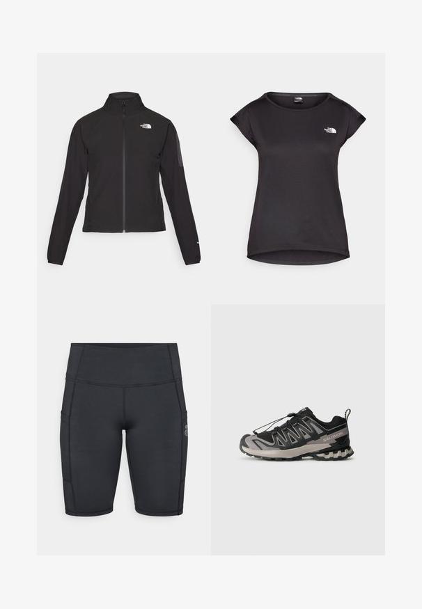 Czarna kurtka zapinana na zamek z wysokim kołnierzem, teksturowana tkanina i logo na lewej piersi. Posiada długie rękawy i dopasowany krój.; The North Face TANKEN czarny; Czarne spodenki rowerowe wykonane z elastycznej tkaniny; posiadają kieszenie boczne, wysoki pas oraz płaskie szwy dla komfortu i trwałości.; Czarno-szare buty sportowe z siateczkową cholewką, gumową podeszwą i elastycznym systemem sznurowania. Posiadają wzmocniony czubek i teksturowane akcenty.