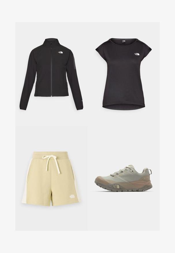 Črna zip-up jakna z visokim ovratnikom, teksturirano blago in logotipom na levem prsnem delu. Ima dolge rokave in prilega se.; The North Face TANKEN TANK - Športne majice - black; Svetlo olivno zelene kratke hlače iz mehkega blaga, z bočnimi žepi, elastičnim pasom z vrvico in belim logotipom na levi nogi.; Svetlo sivi atletski čevlji z bež detajli, izdelani iz sintetičnega materiala. Imajo trpežen podplat, vezalni dizajn in blagovno znamko na strani.