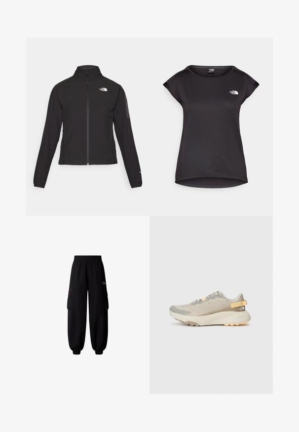 Melna ar rāvējslēdzēju aizdara jaka ar augstu apkakli, teksturētu audumu un logotipu kreisajā krūtī. Satur garas piedurknes un pieguļošu dizainu.; The North Face TANKEN TANK - Sporta krekli - black; The North Face HIMALAYAN - Armijas stila bikses - tnf black; Gaiši bežs skriešanas apavi ar teksturētu sieta virsu, pelēkiem akcentiem, izturīgu gumijas zoli un aizmugurējo cilpu, kas atvieglo uzvilkšanu.
