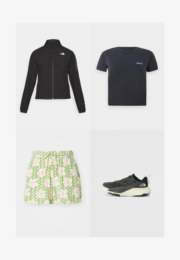 Črna zip-up jakna z visokim ovratnikom, teksturirano blago in logotipom na levem prsnem delu. Ima dolge rokave in prilega se.; Črna bombažna majica s kratkimi rokavi, krožnim ovratnikom, z modrim logotipom "obey" na levi prsni strani. Gladka tekstura, standardna velikost.; Zelene kratke hlače z belim valovitim vzorcem in rožnatimi cvetličnimi akcenti. Imajo elastičen pas in nastavljivo vezavo. Narejene so iz lahkega materiala.; Črne atletske čevlje z teksturiranim zgornjim delom, ki imajo sivo obrobo in belo srednjo podplat. Vključujejo zanko za vprego in izstopajočo blagovno znamko na peti.