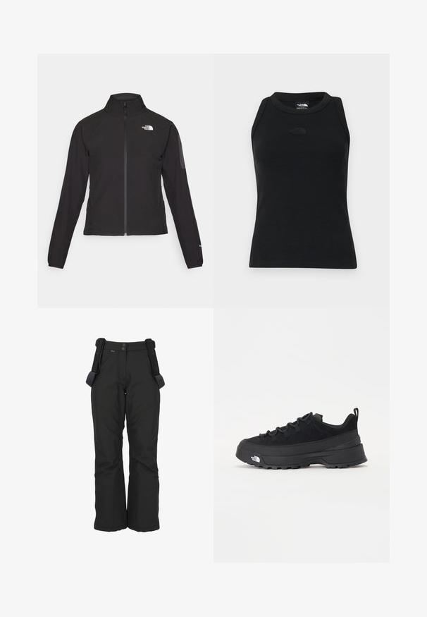 Mustat vetoketjullinen takki, jossa on korkea kaulus, teksturoitu kangas ja logo vasemmassa rinnassa. Ominaisuuksiin kuuluvat pitkät hihat ja slim fit -muotoilu.; Musta ribbed hihaton paita, jossa on pyöreä kaula-aukko. Rinnassa on huomaamaton logo ja pinta on sileä.; Mustat vedenpitävät lumihousut, joissa on säädettävät olkaimet, sileä pinta, suorat lahkeet ja tukevasti vahvistetut saumat kestävyysvaatimusten täyttämiseksi.; Mustamustad välisjalanõud suede ülemise, tekstuuriga kummist tallaga ja tugeva paelaga. Varustatud tugevdatud kanna ja brändi logoga külgedel.