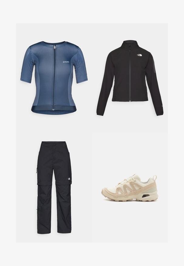 Melna ar rāvējslēdzēju aizdara jaka ar augstu apkakli, teksturētu audumu un logotipu kreisajā krūtī. Satur garas piedurknes un pieguļošu dizainu.; Īsām piedurkņu velosipēdu kreklam ir gluds, elastīgs zils audums, tam ir priekšējais rāvējslēdzis, POC logo un nedaudz izliekts apakšmala.; Melni nailona bikses ar noņemamām kājām, regulējamiem uzmavām, vairākām kabatām un logotipu uz labās kājas. Gluda, viegla tekstūra.; Beige un krēma sporta apavi ar strukturētu tīkla virsmu, atbalstošajiem slāņiem un gumijas zoli ar protektoru rakstu, kas nodrošina saķeri.