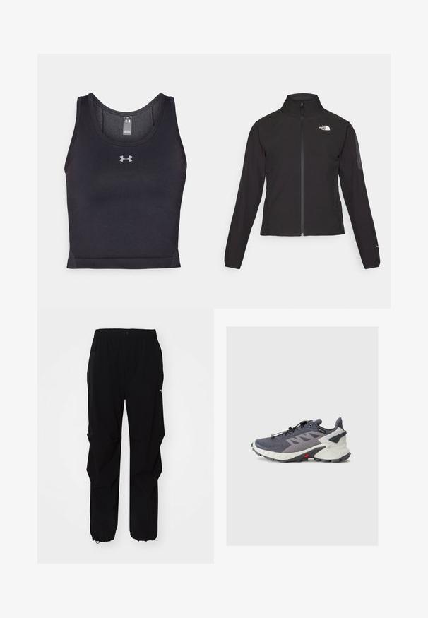 Black zip-up jacket with a high collar, textured fabric, and logo on the left chest. Features long sleeves and a fitted design.; Black athletic tank top made of stretchy fabric with a smooth texture. Features a round neck and a small silver logo at the center front.; Black outdoor pants made from durable material, featuring a relaxed fit, elastic waistband, and cinched cuffs for adjustable length.; Gray and navy athletic shoe with a mesh upper, rock plate, black outsole, and red accents. Features quick lace system and padded collar.