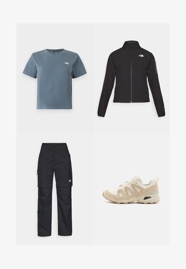 Casaco preto com fecho zip e gola alta, em tecido texturizado, com logo no lado esquerdo do peito. Apresenta mangas longas e um design ajustado.; T-shirt cinzento-azulado de manga curta com decote redondo e pequeno logotipo branco The North Face no peito esquerdo, exibido sobre fundo branco.; Calças cargo pretas em nylon com fechos de correr removíveis, punhos ajustáveis, múltiplos bolsos e um logótipo na perna direita. Textura suave e leve.; Sapatilha atlética beige e creme com parte superior em malha texturizada, sobreposições de suporte e sola de borracha com um padrão de cravo para tração.