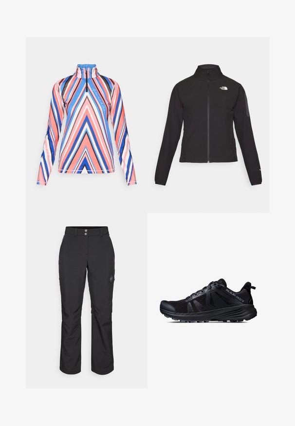 Melna ar rāvējslēdzēju aizdara jaka ar augstu apkakli, teksturētu audumu un logotipu kreisajā krūtī. Satur garas piedurknes un pieguļošu dizainu.; Pusē-iezips garām piedurknēm augstākā rozā, zilā un melnā ģeometriskā svītrā, ar augstu apkakli un mīkstu, elastīgu audumu.; Melnas brīvā laika bikses ar taisnu piegriezumu, aprīkotas ar pogu aizdari, rāvējslēdzēja sānu kabatām un logotipa uzlīmi kreisajā augšstilbā.; Melna taku skriešanas apava ar sietu augšdaļu un gumijas zoli. Iekļauj teksturētas virsmas, pastiprinātu purngala daļu un zīmola logo uz papēža.