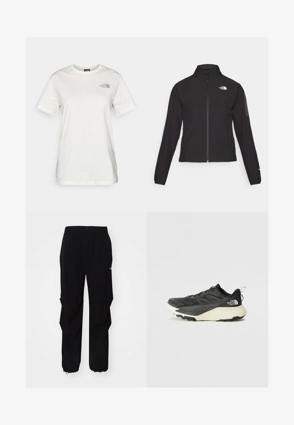 Jachetă neagră cu fermoar și guler înalt, din material texturat, cu logo pe partea stângă a pieptului. Prezintă mâneci lungi și un design ajustat.; Tricou din bumbac crem, cu mâneci scurte, guler rotund și un mic logo verde pe pieptul stâng. Textură netedă, croi lejer.; Pantaloni negri de exterior, confecționați dintr-un material durabil, cu o croială relaxată, talie elastică și manșete strânse pentru lungime ajustabilă.; Pantofii sport negri cu un superior texturat, având accente gri și o talpă intermediară albă. Include un sistem de prindere și un logo de marcă proeminent pe călcâi.