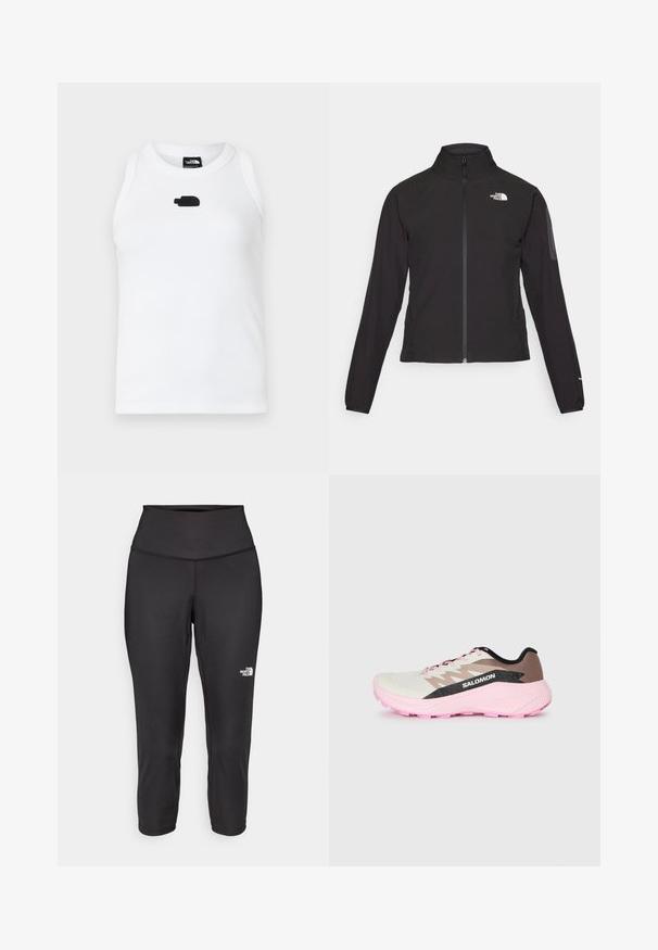 Mustmustabiga must jakk, millel on kõrge krae, tekstureeritud kangas ja logo vasakul rinnal. Omab pikki varrukaid ja sobivat disaini.; Valge ilma varrukateta T-särk, mis on valmistatud ribakangast, keskosas on väike must logo. Kaelus on ümmargune ja klassikalise disainiga.; Mustad mustad capri retuusid on valmistatud elastsetest kangast, millel on kõrge vöökoht ja väike valge logo vasakul küljel. Sile tekstuur.; Kerge jooksujalanõud valges, pruunis ja roosas. Omab hingavat ülemist osa, tekstuurseid halli aktsente ja roosa kummist mustrit.