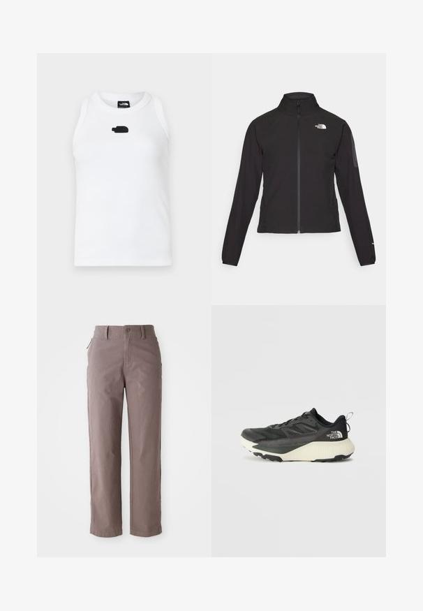 Fekete, cipzáros dzseki magas gallérral, texturált anyagból, bal mellen logóval. Hosszú ujjak és testhezálló fazon jellemzi.; Fehér ujj nélküli trikó bordázott anyagból, középen egy kis fekete logóval. A nyakrésszel klasszikus kerek formájú.; Barna pamut twill nadrág egyenes lábakkal, elülső gombos záródással és oldalsó zsebekkel, sima textúrával és tiszta vonalakkal.; Fekete sportcipő, texturált felsőrésszel, szürke kiegészítőkkel és fehér középtalppal. Húzófüllel és kiemelkedő márkalandírral a sarkán.