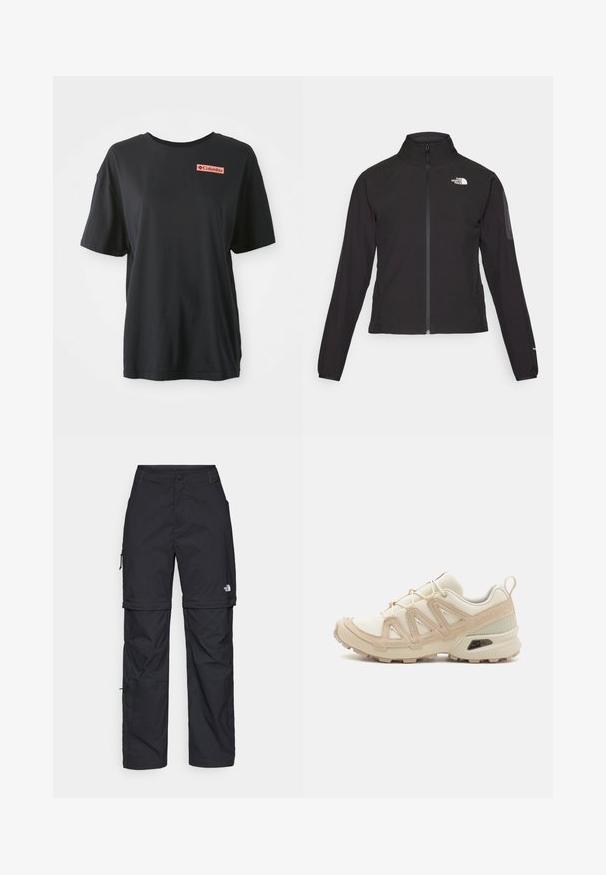 Crna jakna na zip s visokim ovratnikom, teksturirana tkanina i logotip na lijevoj strani prsiju. Ima duge rukave i uski kroj.; Crna pamučna majica s kratkim rukavima, opuštenog kroja, s crvenim pravokutnim logotipom na lijevoj strani prsa. Glatka tekstura i jednostavan dizajn.; Crne najlon hlače s munjevim zatvaranjem, odvojive cargo hlače s podesivim manžetama, brojnim džepovima i logom na desnoj nozi. Glatka, lagana tekstura.; Bež i kremasti sportski tenisice s teksturiranim mrežastim gornjim dijelom, potpornih preklopa i gumeni potplat s uzorcima za prianjanje.