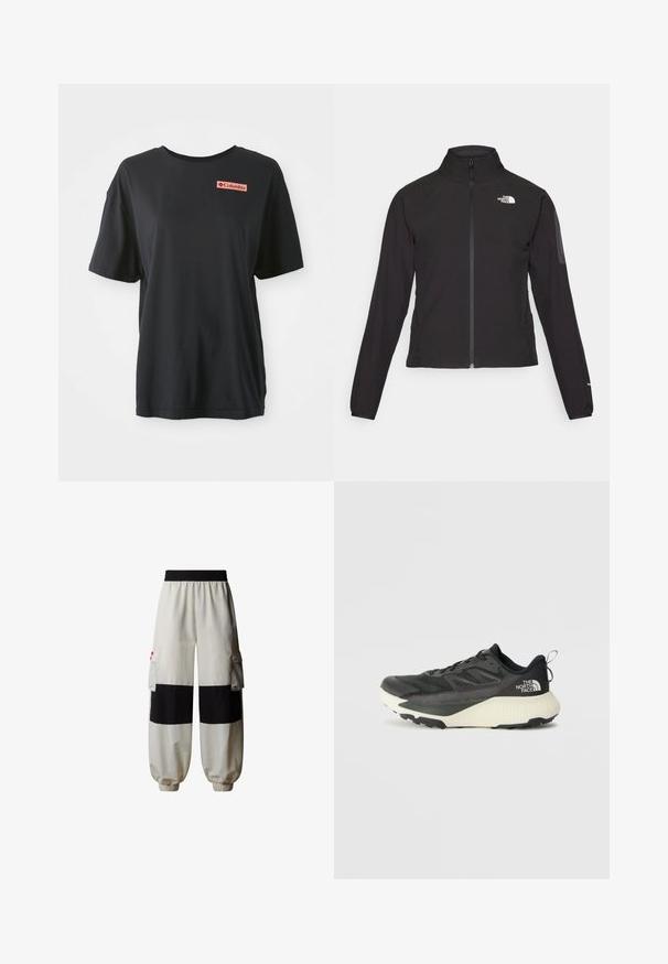 Sort zip-jacket med høj krave, struktureret stof og logo på venstre bryst. Har lange ærmer og en tætsiddende design.; Sort bomulds T-shirt med korte ærmer, afslappet pasform, og et rødt rektangulært logo på venstre bryst. Glat tekstur og enkelt design.; The North Face HIMALAYAN - Cargobukser - white dune tnf black; Sort atletiksko med en tekstureret overdel, prydet med grå accenter og en hvid mellemsål. Inkluderer en trækslynge og en fremtrædende mærkelogo på hælen.