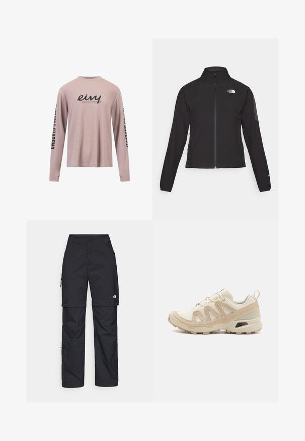 Zwarte zip-up jas met een hoge kraag, textuurstof en een logo op de linker borst. Beschikt over lange mouwen en een slim fit ontwerp.; Lange mouwen, lichtroze top van ribstof. Heeft een ronde halslijn en zwarte bedrukte tekst op de mouwen en de borst.; Zwarte nylon cargo broek met afneembare pijpen, verstelbare manchetten, meerdere zakken en een logo op het rechterbeen. Gladde, lichte textuur.; Beige en crème sportschoen met een textuur-mesh bovenwerk, ondersteunende overlays en een rubberen zool met een profielpatroon voor grip.