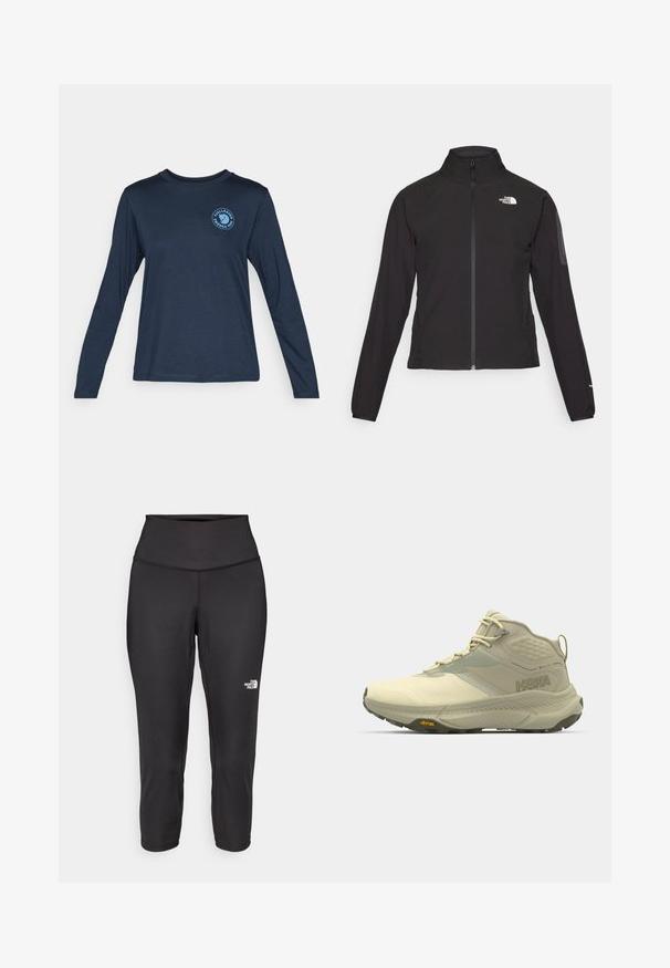 Czarna kurtka zapinana na zamek z wysokim kołnierzem, teksturowana tkanina i logo na lewej piersi. Posiada długie rękawy i dopasowany krój.; Granatowa, długosleeve'owa koszulka z miękkiego materiału. Posiada okrągły dekolt oraz niebieskie, okrągłe logo na lewej piersi.; Czarne legginsy capri z elastycznego materiału, z wysokim pasem i małym białym logo po lewej stronie. Gładka faktura.; Buty trekkingowe Hoka w jasnym beżu, z teksturowaną cholewką, z zapięciem na sznurowadła i podeszwą Vibram. Wyrazisty logo z boku oraz wspierająca konstrukcja.