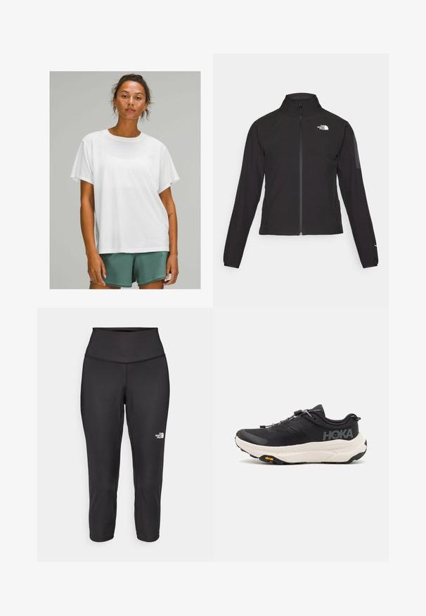 Melna ar rāvējslēdzēju aizdara jaka ar augstu apkakli, teksturētu audumu un logotipu kreisajā krūtī. Satur garas piedurknes un pieguļošu dizainu.; Balta kokvilnas t-kreklā ar īsām piedurknēm, apaļu kakla izgriezumu, brīvu piegriezumu, valkāta ar zaļiem šortiem. Gluda tekstūra, bez redzamām rakstu vai akcentu.; Melnas kapri legingu bikses, kas izgatavotas no elastīga auduma, ar augstu jostasvietu un mazu baltu logo kreisajā pusē. Gluda tekstūra.; Melni sporta apavi ar elpojošu režģi augšdaļā, gumijas zoli, baltu amortizējošu starpzoli un atstarotājām šņorēm. Vibram logo uz zoles.