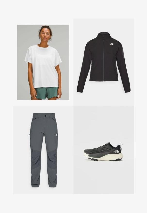 Mustmustabiga must jakk, millel on kõrge krae, tekstureeritud kangas ja logo vasakul rinnal. Omab pikki varrukaid ja sobivat disaini.; Valge puuvillane t-särk lühikeste varrukatega, ümar kaelus, lõdva lõikega, kandmiseks roheliste lühikeste pükste juurde. Sile tekstuur, nähtavad mustrid või aksessuaarid puuduvad.; Tumed hallid välistingimustes püksid, millel on tugevdused põlvedel, lukuga külje- ja eesTaskud, nupuga sulgur ning The North Face logo reie peal.; Musty mustusjalats musta pealisega, millel on tekstuur, hallid aktsendid ja valge vaheosa. Sisaldab tõmbeosa ning silmapaistvat brändi logo kandadel.