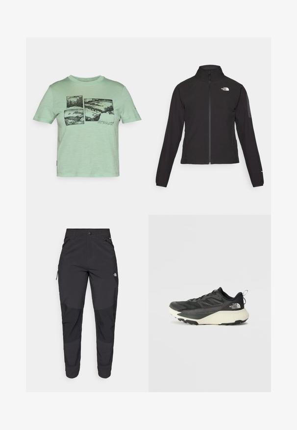 Juodas zip-up švarkas su aukšta apykakle, tekstūruotu audiniu ir logotipu kairėje krūtinės pusėje. Pasižymi ilgu rankovėmis ir prigludusia forma.; Mėtų žalios spalvos marškiniai, pagaminti iš minkštos medžiagos, su juodu grafiniu dizainu, vaizduojančiu kraštovaizdžius keturiose panelėse priekyje.; Juodos lauko kelnės, pagamintos iš patvarios medžiagos. Turi užtraukiamas kišenes, sustiprintus kelio plotus ir tiesią konstrukciją, leidžiančią laisvai judėti.; Juodas sportinis batas su tekstūruota viršutine dalimi, su pilkomis detalėmis ir baltu viduriu. Apima pakėlimo juostelę ir ryškų prekės ženklo logotipą ant kulno.