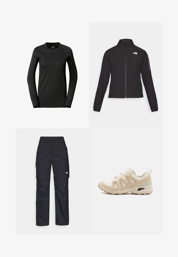 Czarna kurtka zapinana na zamek z wysokim kołnierzem, teksturowana tkanina i logo na lewej piersi. Posiada długie rękawy i dopasowany krój.; The North Face - Bluzka z długim rękawem; Czarne nylonowe spodnie cargo z odpinanymi nogawkami, regulowanymi mankietami, wieloma kieszeniami oraz logo na prawej nogawce. Gładka, lekka tekstura.; Beżowe i kremowe buty sportowe z teksturowanej siateczki, wspierającymi nakładkami oraz gumową podeszwą z wzorem bieżnika zapewniającym przyczepność.