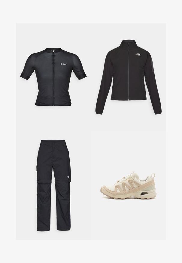 Juodas zip-up švarkas su aukšta apykakle, tekstūruotu audiniu ir logotipu kairėje krūtinės pusėje. Pasižymi ilgu rankovėmis ir prigludusia forma.; Juodas dviratininko marškinėliai trumpomis rankovėmis, pagaminti iš tekstūruoto audinio. Turi priekinį užtrauktuką, prigludusį dizainą ir subtilų logotipo detalę.; Juodos nailoninės krovinių kelnės su reguliuojamais rankovėmis, daugybe kišenių ir logo ant dešinės kojos. Lygi, lengva tekstūra.; Bežinės ir kreminės spalvos sportinės bateliai su tekstūruoto tinklelio viršutine dalimi, palaikančiomis detalėmis ir guminiais padais, turinčiais raštą, užtikrinantį sukibimą.